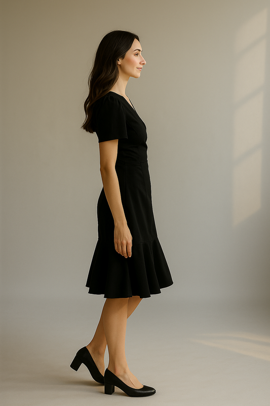 Sort kjole med slå-om effekt og flæsekant