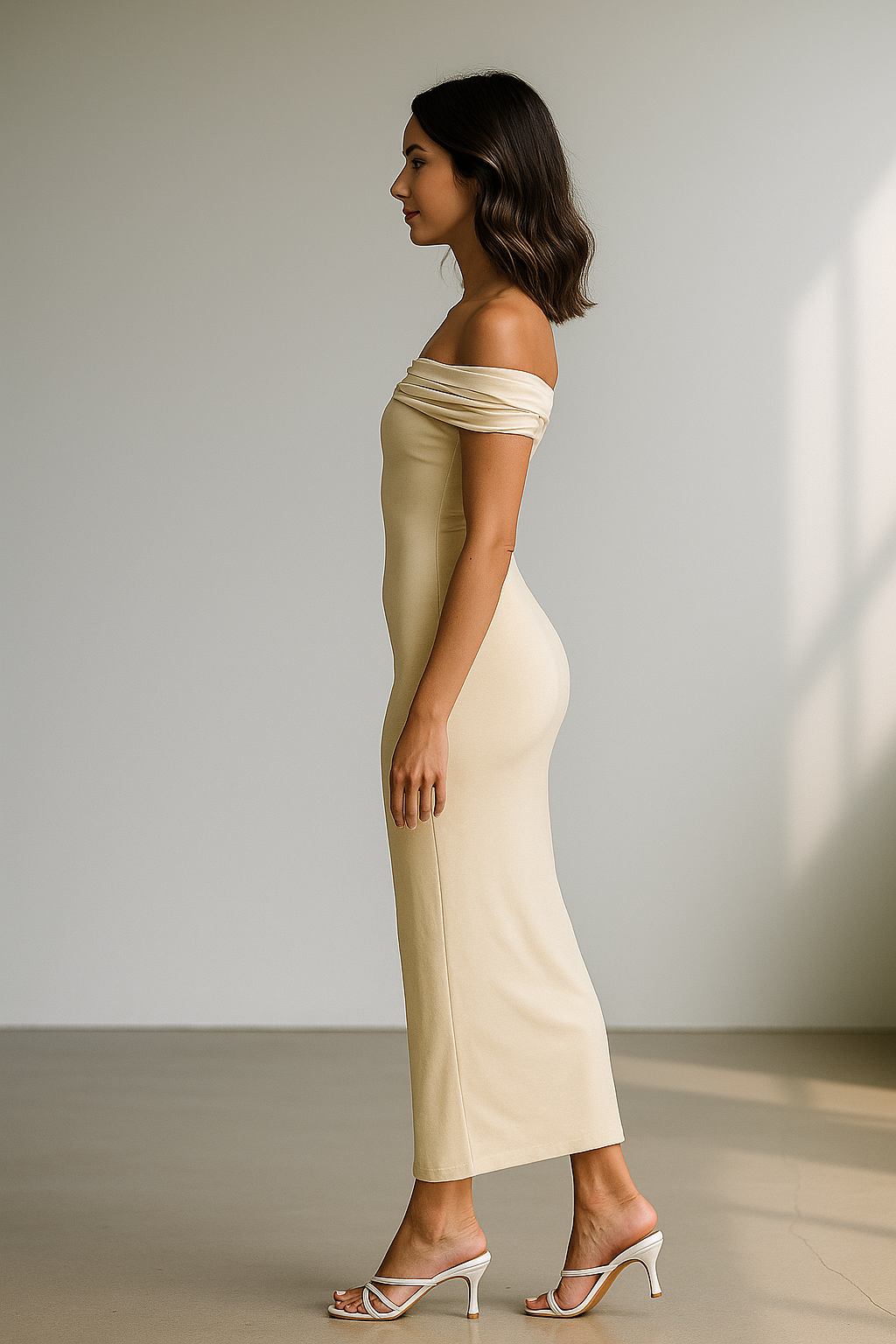 Beige off-shoulder maxikjole med tætsiddende pasform