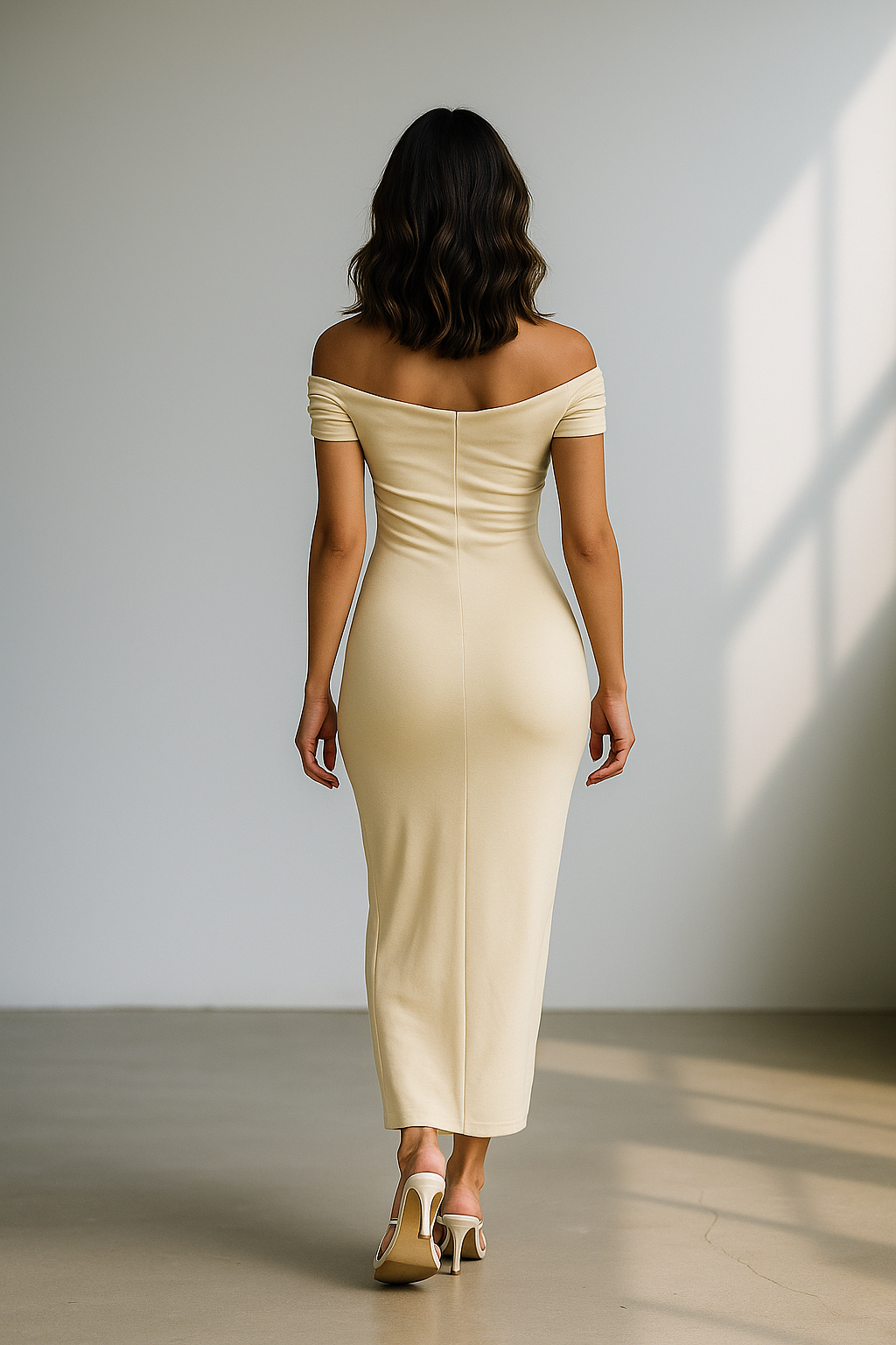Beige off-shoulder maxikjole med tætsiddende pasform